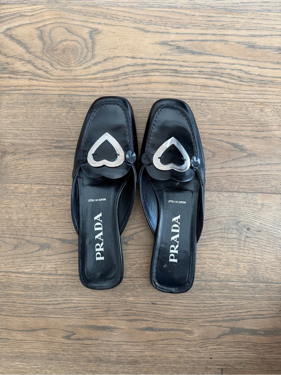 Prada Shoes - Prada Black Leather Slide Mules with Silver Heart Accent